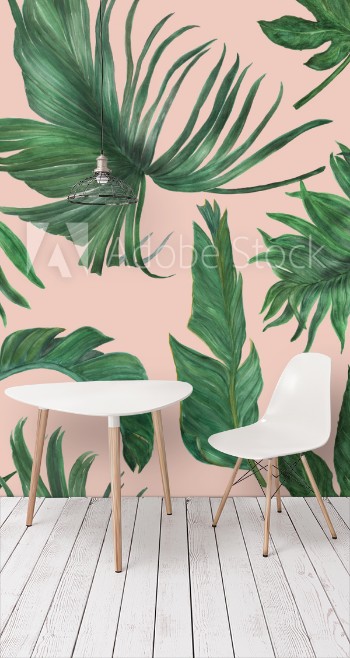 Bild på Watercolor painting seamless pattern with bananas and palm leaves